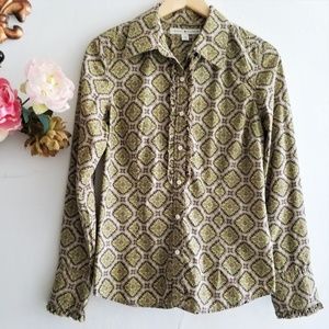 Brown & Green Button Down With Ruffle Details.